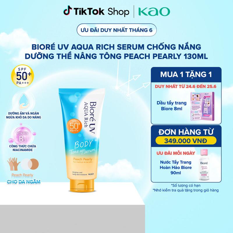 Biore UV Aqua Rich Serum Chống Nắng Dưỡng Thể Nâng Tông Peach Pearly 130ml kem chống nắng body  biore