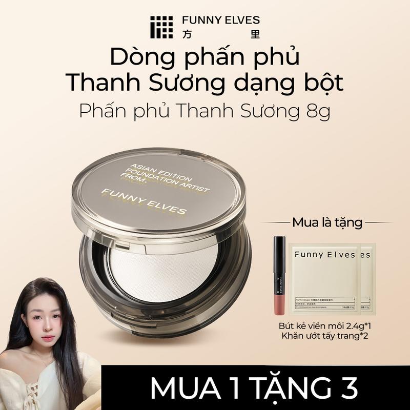  【Live-ZC FunnyElves phấn phủ kiềm dầu Thanh Sương giữ lớp nền lâu trôi mỏng nhẹ tự nhiên không xỉn màu không cảm giác phấn không mùi hạt phấn trong suốt hơi ánh nhũ 8g.  Mua 1 tặng 3  bút kẻ viến môi 2.4g*1+Khăn ướt tấy trang*2 