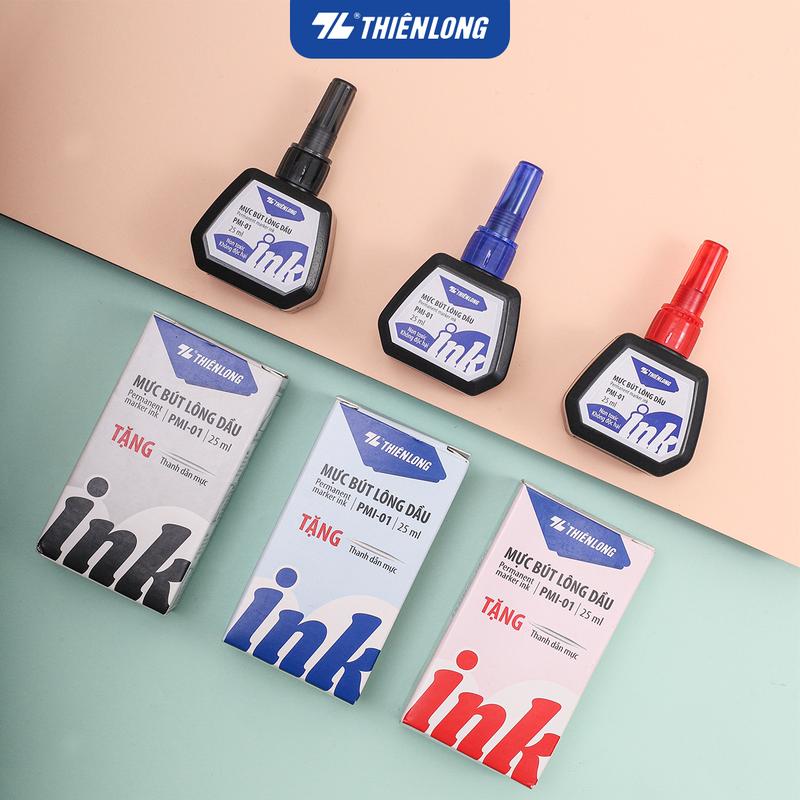 Mực bút lông dầu Thiên Long PMI-01 gồm 3 màu mực: Xanh/ Đỏ/ Đen, bám dính tốt, không độc hại theo tiêu chuẩn Châu Âu
