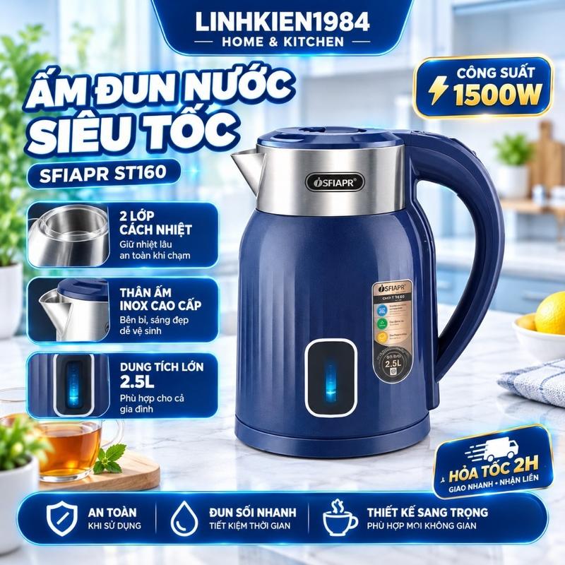 Ấm đun nước siêu tốc Thái Lan SFIAPR ST160 2500ml chất lượng, Công suất 1500W 2 lớp cách nhiệt sang trọng