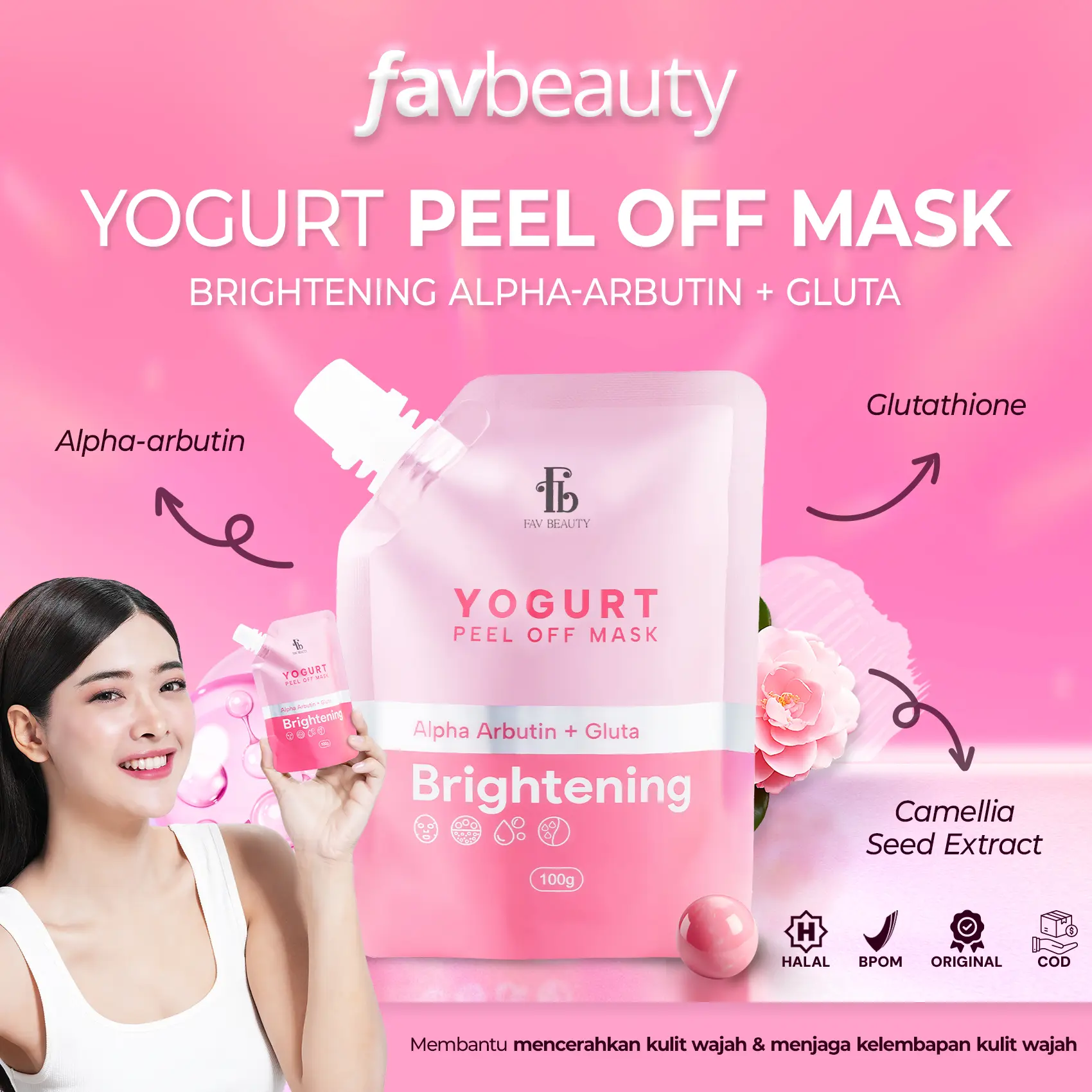FAV Beauty Yogurt Brightening Peel Off Mask Alpha Arbutin + Gluta | Masker Wajah Peel Off Mencerahkan Mengencangkan Kulit Wajah Eksfoliasi | Halal | BPOM