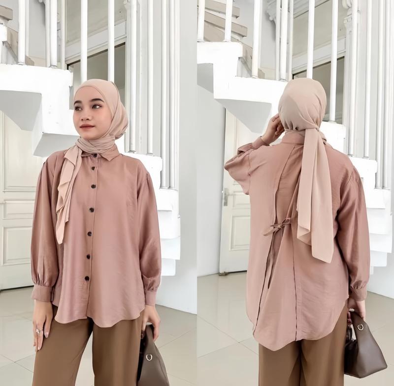 Atasan Kemeja Basic Wanita Tali Belakang Polos Bahan Polo Linen Premium 3