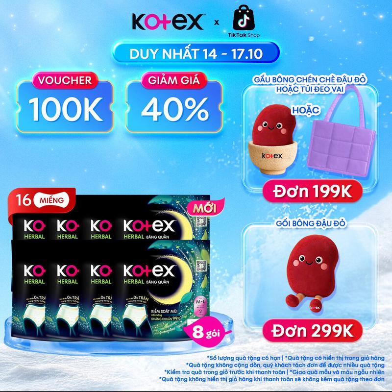 [QUÀ TẶNG HOT] 8 gói băng vệ sinh quần Kotex Herbal cỡ M/L​, chống tràn, thấm hút tốt, thoáng khí, không lộ viền, khử mùi, kháng khuẩn, 2 miếng/gói, phù hợp sử dụng ngày và đêm, dành cho phụ nữ mang thai và sau sinh, bvs kinh nguyệt nhiều, tampon​​
