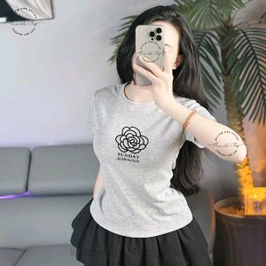 Áo Thun Babytee Basic Size S Form Nhấn Eo, Nữ Cổ Tròn Tay Ngắn In Hình Hoa Hồng Sunday Aorind "1998", Women Sò Sen Hoa Sen Dáng Ngắn Thun
