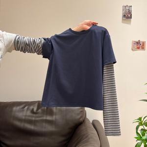 Korean Style New Asymmetrical Shoulder Striped Colorblock Long Sleeve T-Shirt, Fall Fashion Versatile Top for Women 3727# Womenswear Fitted