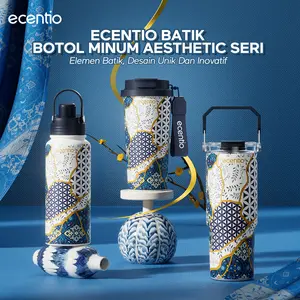 【live】ecentio Botol Minum Batik Aesthetic 580ml/800ml/900ml 【Stainless steel】【Plastic】Magnetic cover Vacuum  Flasks- Tahan Panas & Dingin, Food Grade, Desain Modern Warisan Budava BPA free