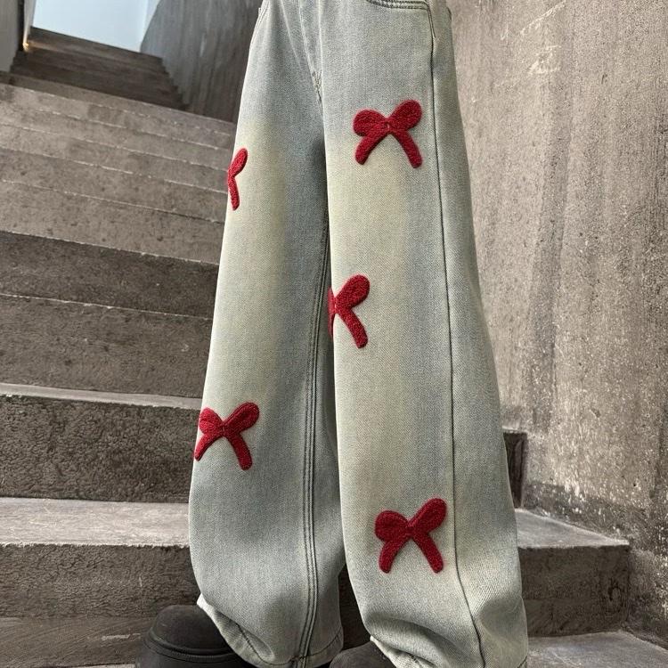 Quần jean bigsize suông ống rộng thêu nơ màu bụi cá tính cho nữ 50-92kg Đậu bigsize-Q551