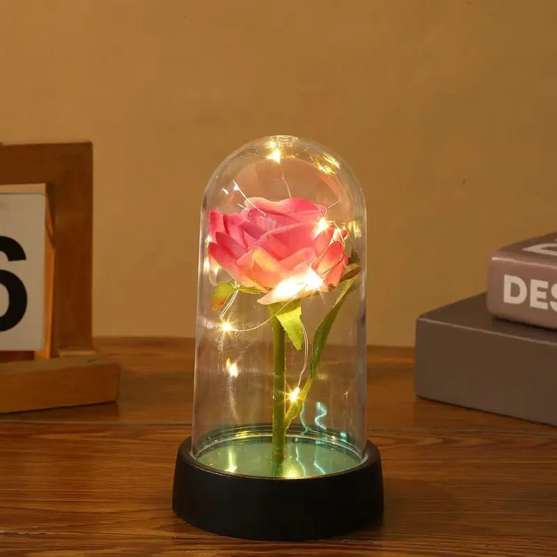 WUYUE Lampu Meja Hias LED Mawar Eternal Flower Dome Warm White - Pink 4