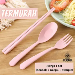 Set Alat Makan Korea Plastik Jerami - Peralatan Makan Travel Jerami - Sendok Garpu Sumpit Makan
