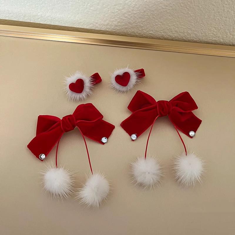 Kẹp Tóc Cho Em Bé Thiết Kế Nơ Nhung Đỏ, 1 Cặp, Dành Cho Bé Gái Công Chúa, Trái Tim Pompom Dễ Thương, Kẹp Tóc Trẻ Em, Kẹp Ngọt Ngào, Phụ Kiện Tóc Năm Mới