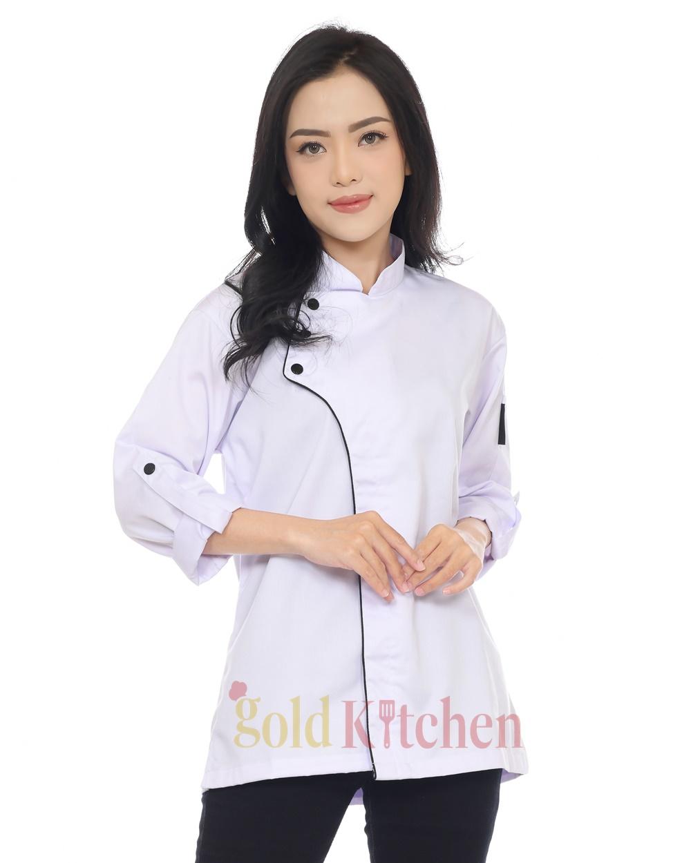 Gold Kitchen Baju Chef Koki Unisex Lengan Panjang Model Style Kualitas Tinggi Bahan Poly-Cotton DRILL Nyaman Dipakai Warna Hitam Putih Biru Navy Abu