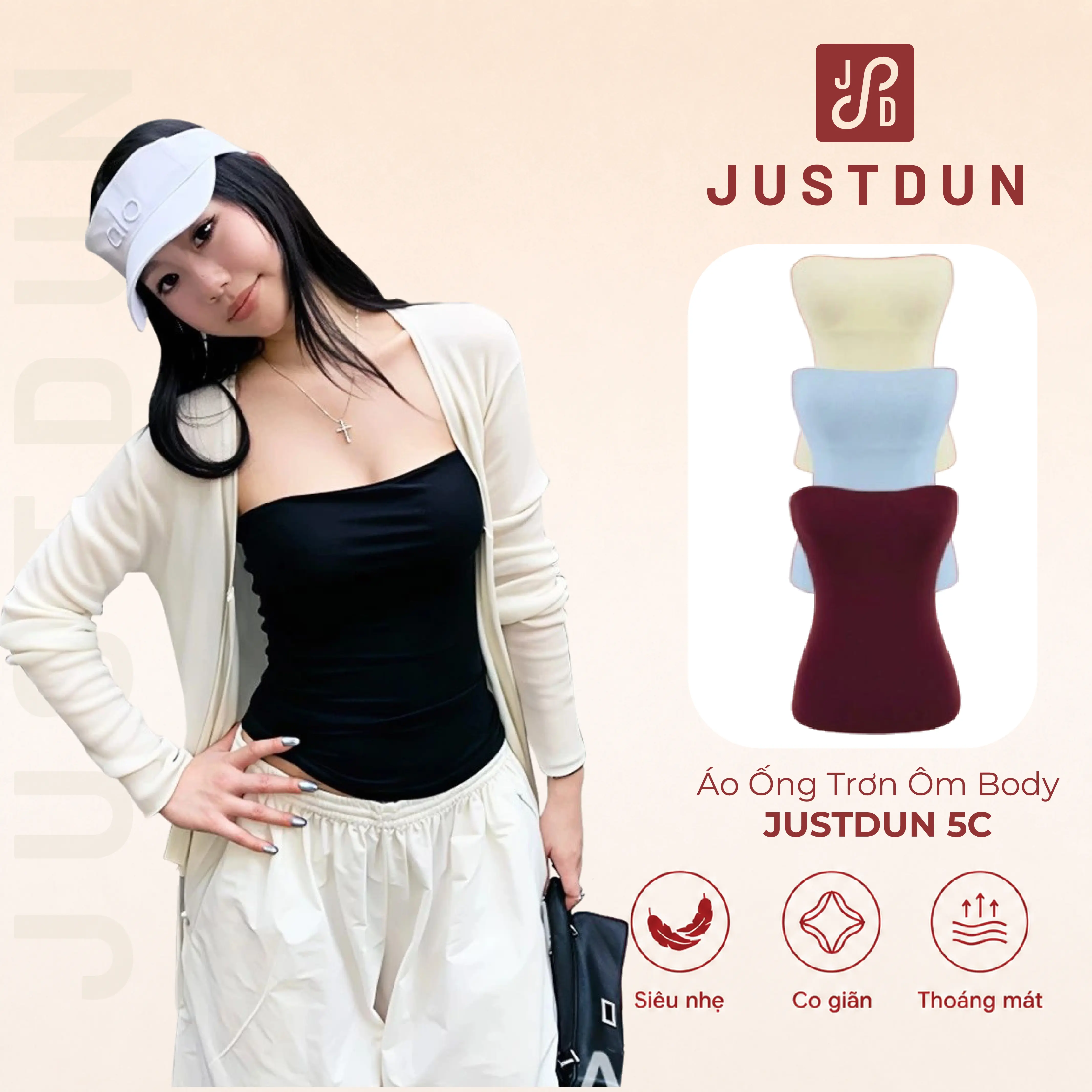 [Áo 2 Lớp Không Lộ]  Áo Ống Trơn Ôm Body JUSTDUN 5C - Basic, Vải Cotton Mịn, Co Giãn, Mềm Mại