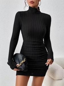 Vestido ajustado de cuello de tortuga y acanalado para mujer, elegante y de corte slim-fit con manga larga y vestido corto para fiestas y citas, vestido de otoño e invierno para mujer