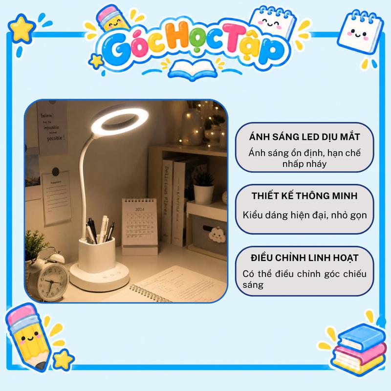 Đèn Bàn LED Học Tập Góc Học Tập – Đèn Vòng Chống Chói, Điều Chỉnh Góc Chiếu, Tích Hợp Ngăn Đựng Bút
