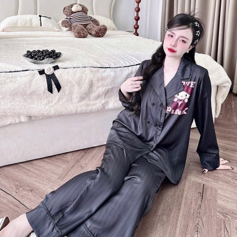 ĐỒ BỘ NỮ PIJAMA - LỤA Hàn Châu - ( 45KG - 65KG) - vest cổ nhọn TAY DÀI QUẦN DÀI 95 CM - 0002