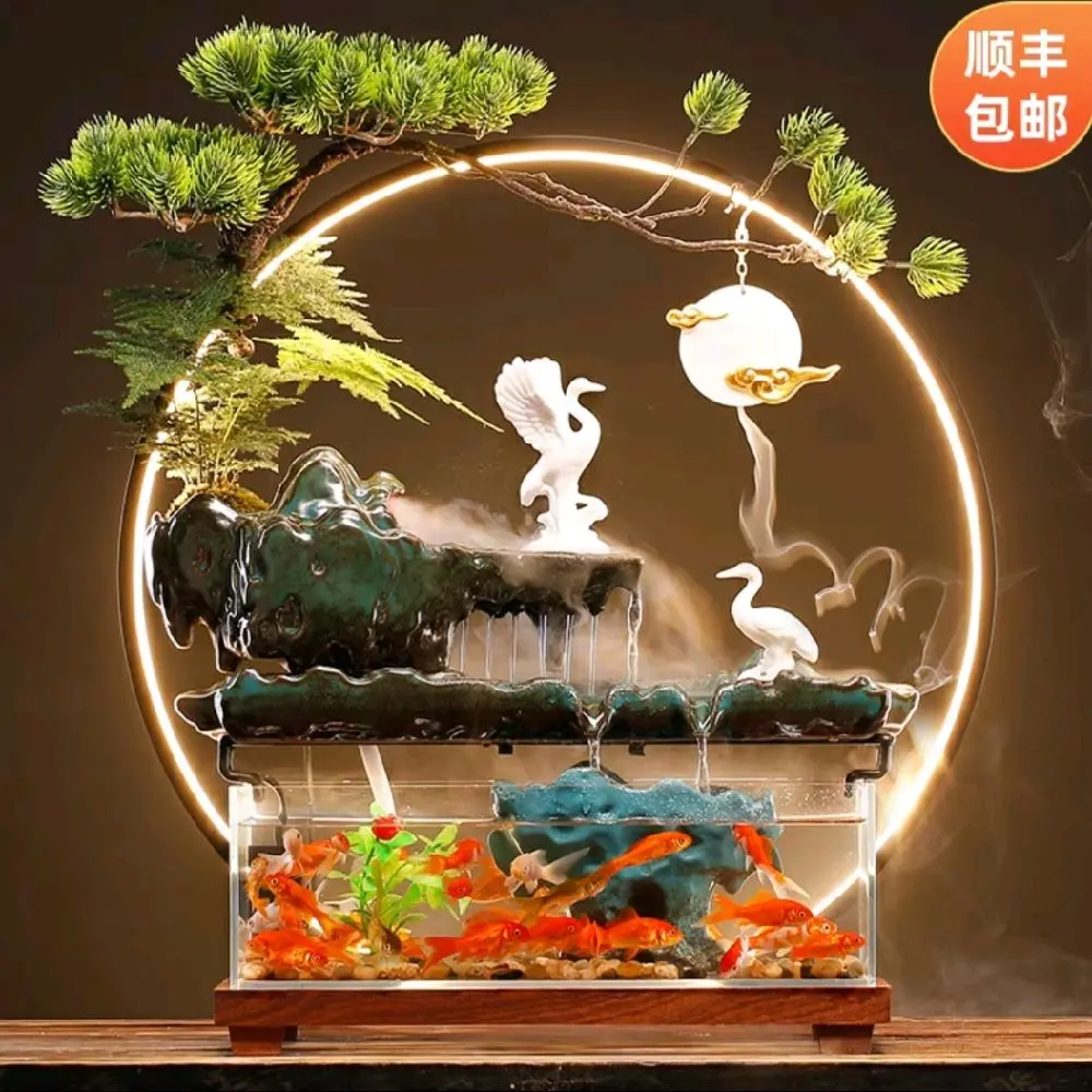 (Hàng Có Sẵn) Bể Cá Phong Thủy Kết Hợp Tiểu Cảnh Thác Nước Chảy với Kính Cường Lực Chống Bể Vỡ-Hạt Trắng, Hươu Trắng và Di Lặc Kèm Đèn Led Trang Trí.size 54cm