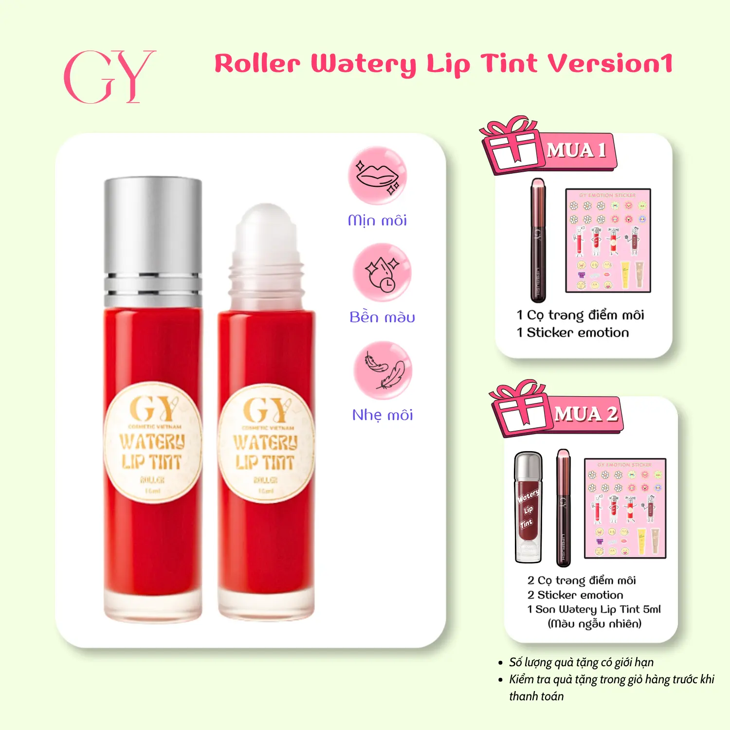Son Tint Nước Lì Bi Lăn Roller Watery Lip Tint V1 GY Cosmetics, Lì Mịn, Lâu Trôi, Bền Màu 10ml
