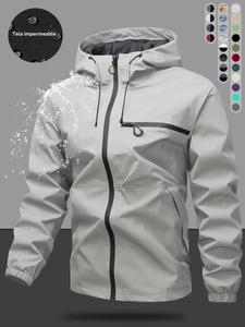 Chamarra con capucha para hombre, impermeable y a prueba de viento, con cierre de cremallera, manga larga, diseño casual con bolsillos con cremallera, ropa de abrigo para actividades al aire libre, ropa de hombre para todas las estaciones, moda masculina