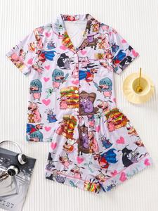 Conjunto de pijama para mujer de 2 piezas con estampado de dibujos animados: top de manga corta con cuello y botones + shorts holgados y cómodos; ropa de dormir linda y ajustada para todas las estaciones