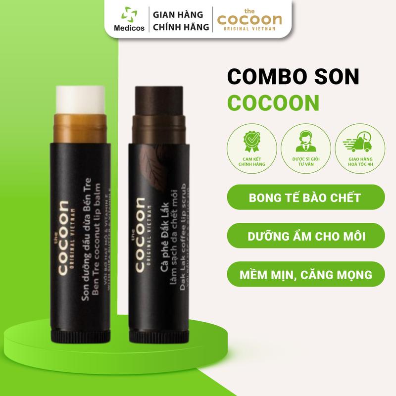  Combo Son Tẩy Da Chết Đắk Lắk Cocoon 5g & Son Dưỡng Môi Dầu Dừa Bến Tre 5g – Môi Đẹp Mềm Mại Mượt Mà Cả Ngày 