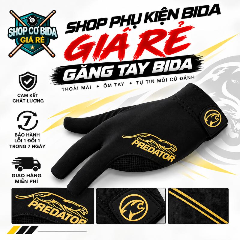 (FREE SHIP )Găng tay bi-a tay trái P.R.E.ED.A.A.T.O.R màu đen logo vàng , hàng chất lượng cao , chất liệu co giãn, thoáng khí, chống trơn trượt, from ôm sát tay, hai màu đen và vàng / sport Nam Cao Su