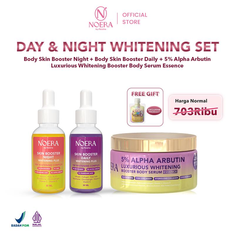 Noera Paket Day & Night Whitening Booster | 5% ALPHA ARBUTIN Luxurious Whitening Booster Body Serum Essence, Body Skin Booster Daily & Night l Free Handcream Acid Extract 0