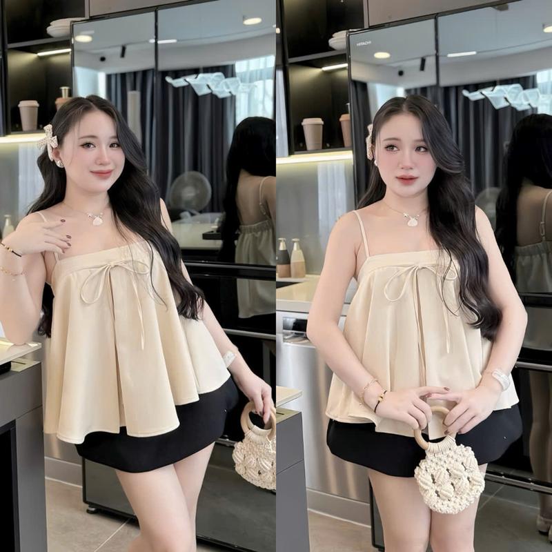 Set đồ nữ áo hai dây cột nơ dáng babydol xếp ly phối chân váy kaki ( có lót ) sang chảnh, xin xắn, tôn dáng phù hợp cho các nàng diện đi tiệc, đi chơi