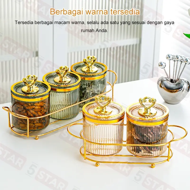 【Flash Sale】5STAR Set Toples Gold & Nampan Mewah - Guci & Kotak Penyimpanan Kue, Camilan, Dapur, Set Tangki Segel Plastik, Desain Elegan untuk Lebaran 8