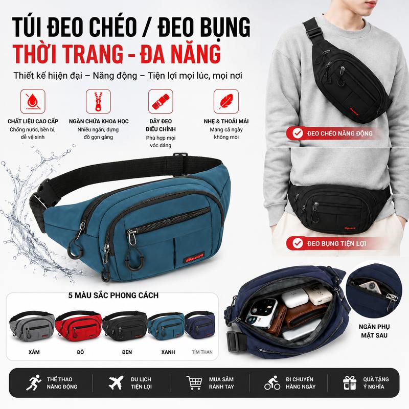 Túi đeo hông vải dù chống thấm nước, túi đeo chéo phù hợp cho thể thao và dễ dàng mang theo