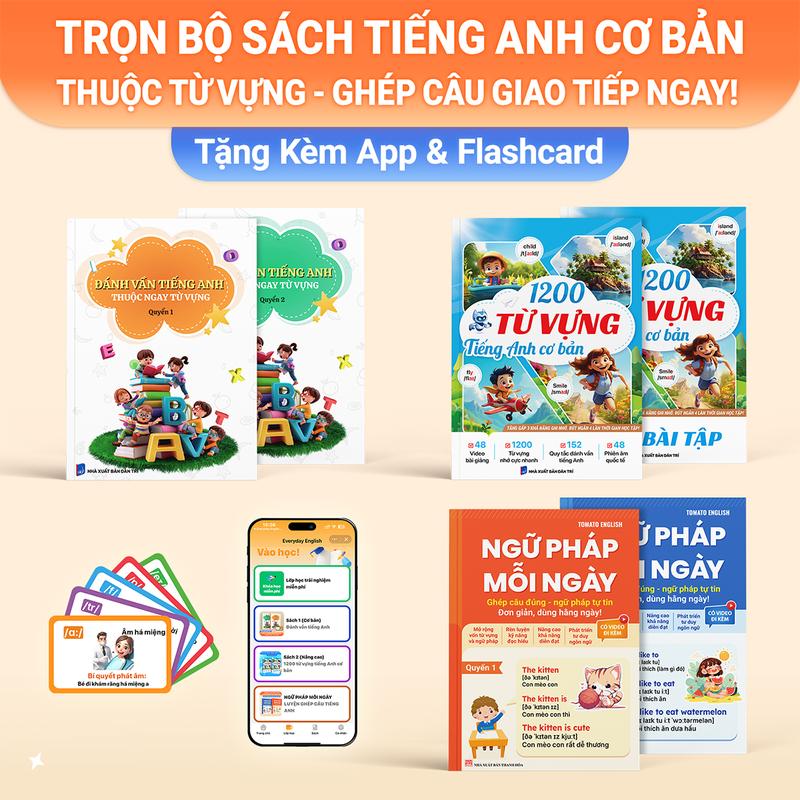 6 Quyển Trọn Bộ Sách Tiếng Anh cơ bản | Đánh vần Phonics + 1200 Từ vựng + Ngữ pháp mỗi ngày | Từ Phát âm đến Từ vựng & Luyện Câu Giao tiếp thực tế - Tặng App học &Flashcard