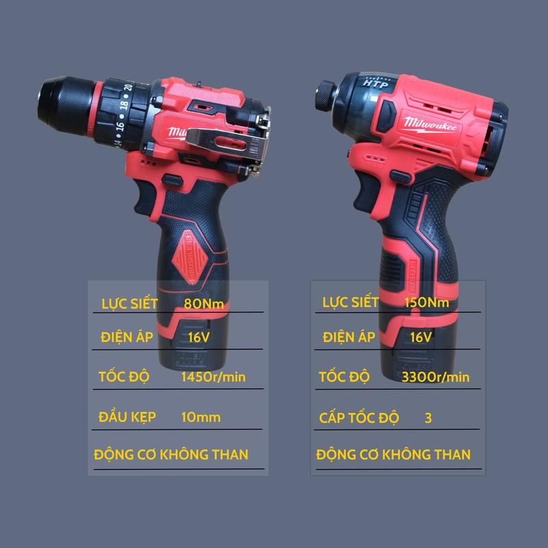 Combo máy khoan milwaukee máy chuyên vít milwaukee M16 động cơ không chổi than sử dụng pin 16V