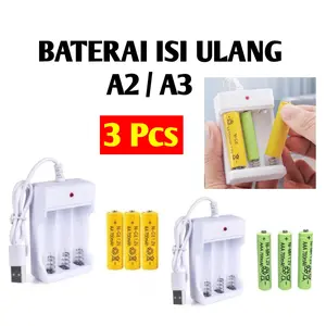 (3pcs) Baterai Cas AA AAA Recharge 700mAH 1.2V Volt Alat Charger Batre A2 A3 Batrai NiCd Isi Ulang Hijau Kuning