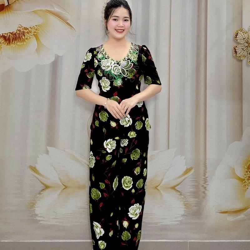Hải Sơn B20 Đồ bộ bông thun nữ trung niên cổ tim thêu hoa hồng tay lỡ quần ống suông sang trọng thoải mái