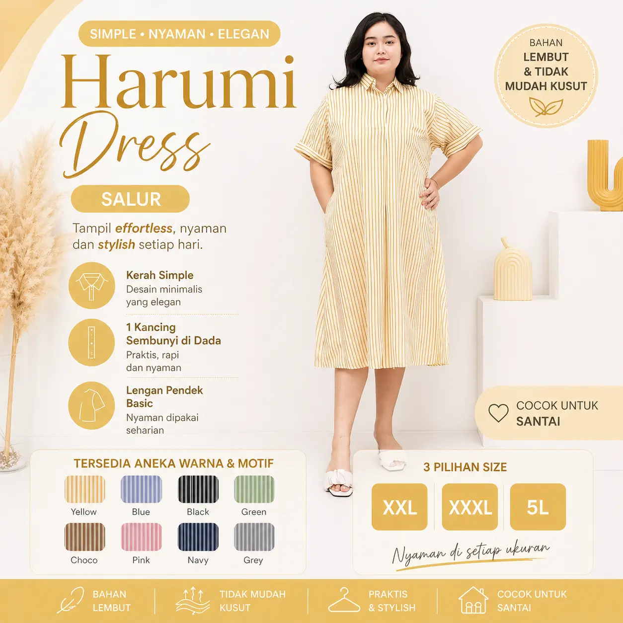 Homedress Harumi Salur Katun Miracle XXL XXXL 5L LD 120 130 140 Midi Dress Daster Wanita Bumil Lembut Panjang Motif Garis Ukuran Jumbo Outfit Santai Harian Dewasa Nyaman Tidur Remaja Tunik Busui Mini