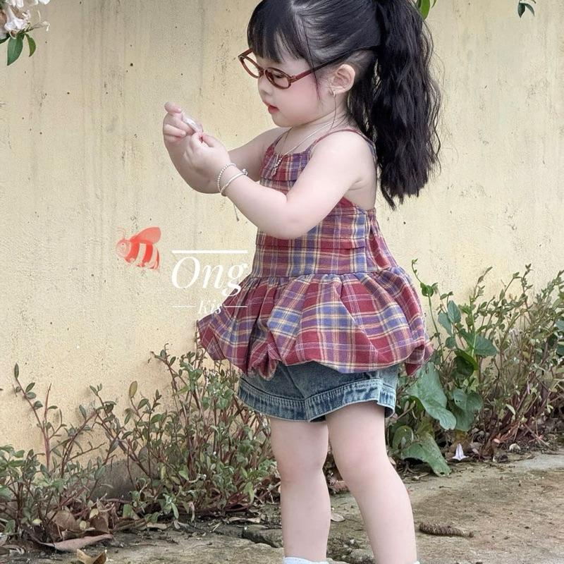 Ong Kis Sét áo bí kẻ đỏ đô kèm quần sóc Jane cho bé gái 8-28kg