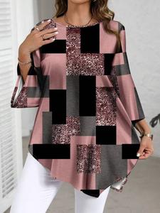 Top de mujer talla grande para primavera/verano, estilo moderno con estampado abstracto, corte holgado y casual, bajo asimétrico; ropa cómoda y elegante para mujer
