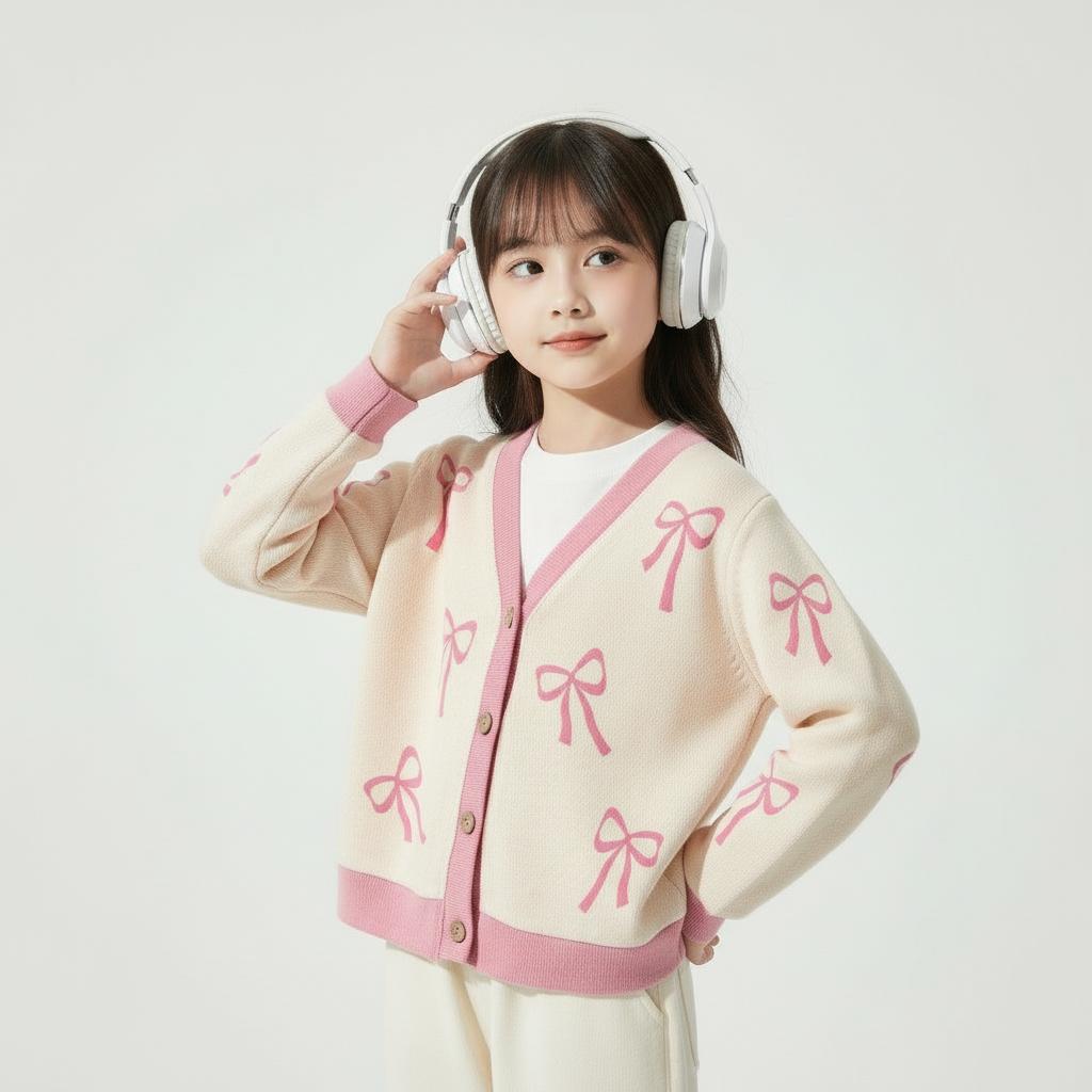 CAIFU Jaket Cardigan Pita Cream Anak Perempuan Lengan Panjang Y2K Usia 3-12 Tahun Bahan Lembut Halus Nyaman Adem Variasi Warna Pastel Cantik Fashion