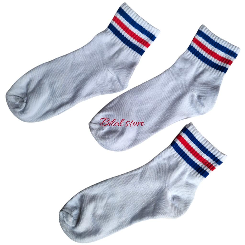 Kaos Kaki Oldschool Putih Strip Garis Tiga Pendek Atas Mata Kaki - 1 Pasang Pria Wanita Katun Nyaman Lembut