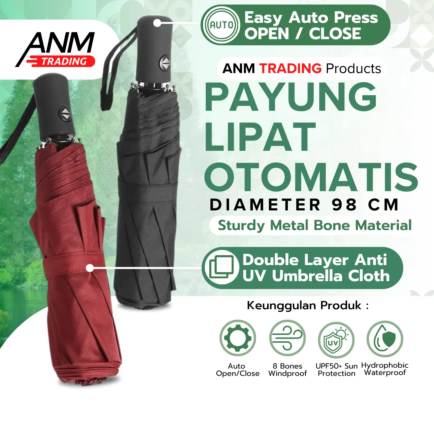 Payung Lipat Otomatis Buka Tutup Lipat 3 Polos Anti UV PREMIUM QUALITY