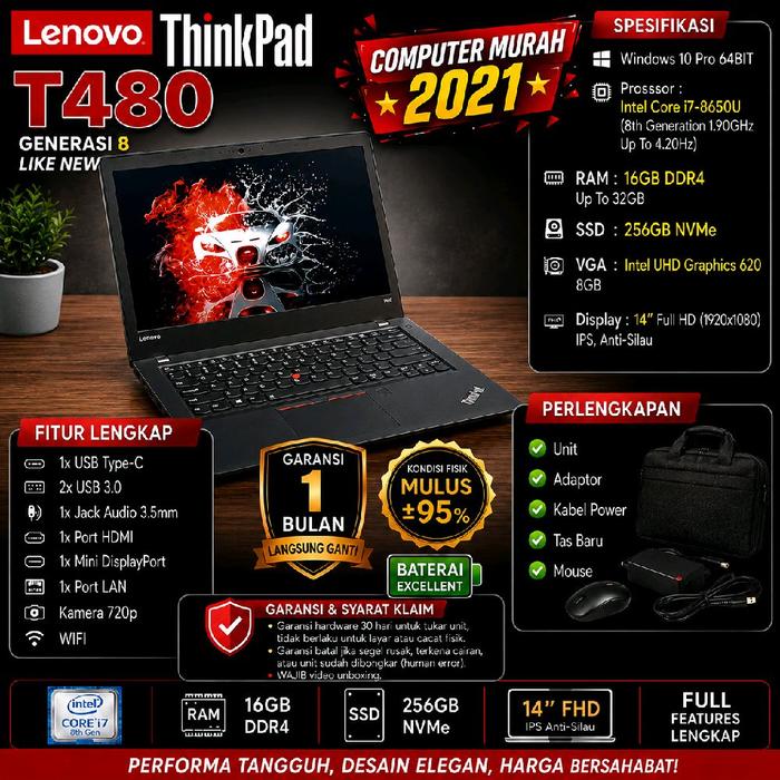 Jual LAPTOP GAMING LENOVO THINKPAD T480 | INTEL CORE i7 GEN 8TH | DUAL ...