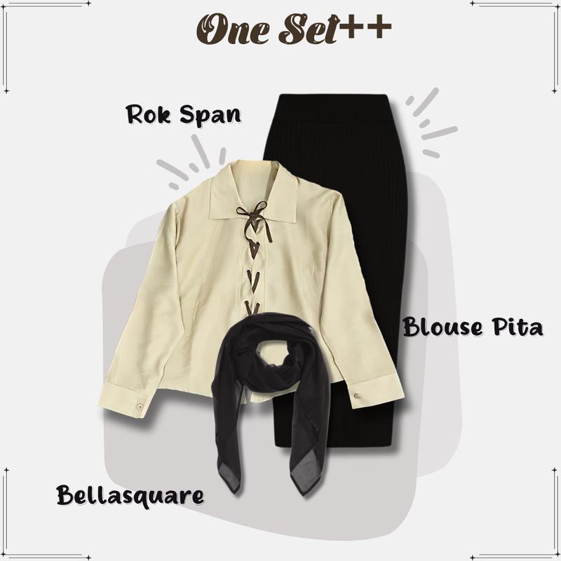 One Set Wanita Kekinian Terbaru Ribbon Blouse Hits + Rok Span Hitam + Jilbab Bella Square |RD077| 2
