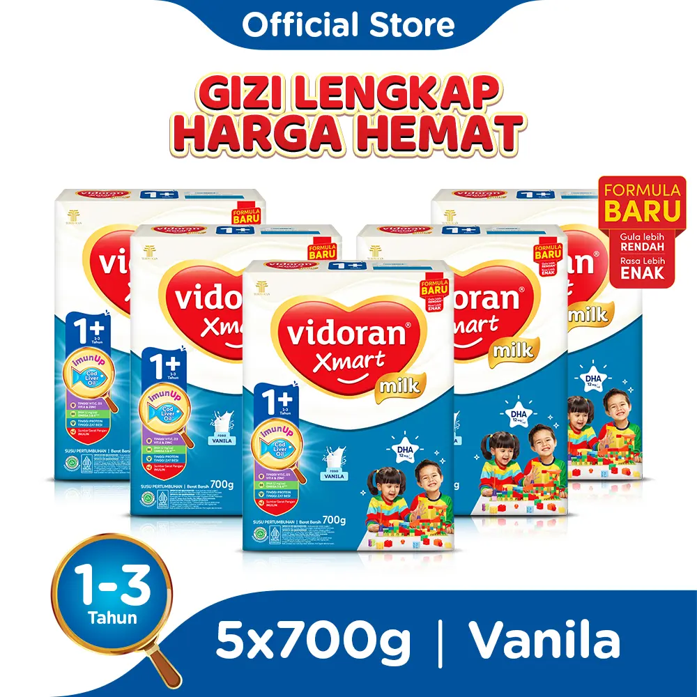 vidoran Xmart 1+ Vanilla 700gr Susu Pertumbuhan Anak 1-3 Tahun - 5 box (Bubuk) Exp : 07.2026