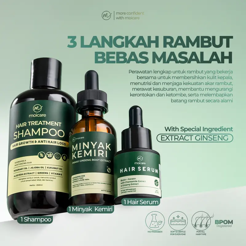 Moicare Hair Care 3 Paket Hair Serum + Shampoo + Minyak Kemiri Extract Ginseng – Mengatasi Rambut Rontok Menumbuhkan Rambut Lebat Halus & Berkilau 0