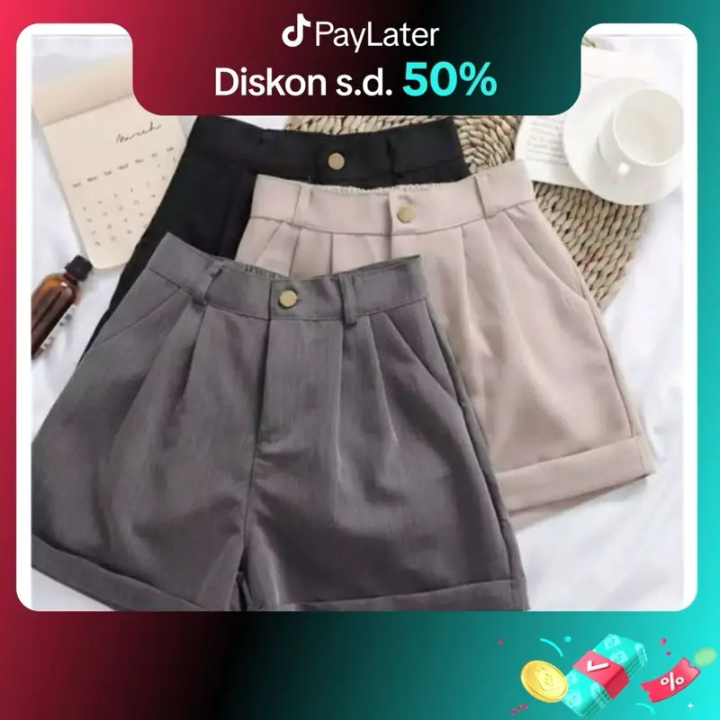 Hotpants celana pendek style wanita korea terbaru Kancing Kantong Ritsleting Beige Shorts
