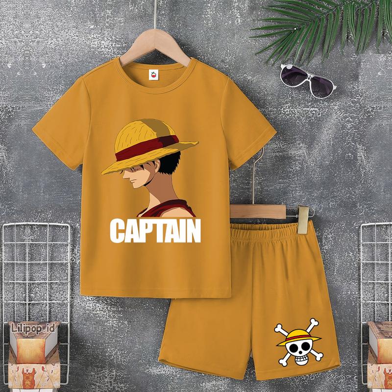 Baju Anak Stelan Usia 4 -10 Tahun LUFFY ONE PIECE Kaos 3/4 Cowok Cewek Celana Pendek Harian 2