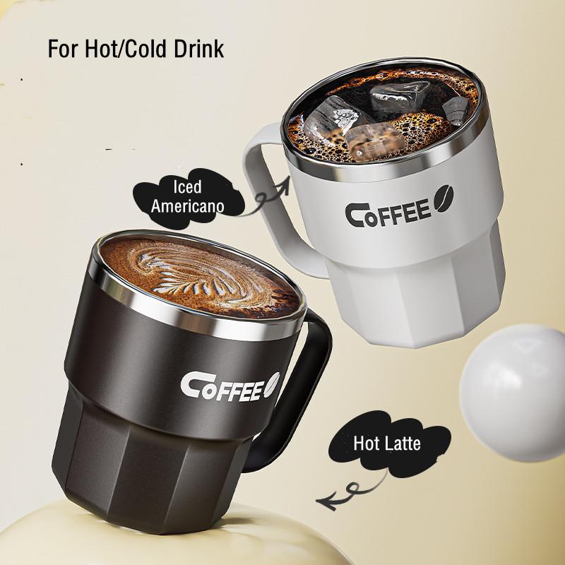 Product Introduction of 400 modern stainless steel coffee tumblers. With lid, creative design, perfect for office and home, perfect for bubble tea and breakfast with handles. 12
