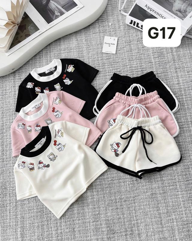   8-35Kg -Dung Kids 05 - G17 Set Bộ 3 màu Kity áo bo cổ hình in dễ thương kèm quần viền chạy viền vạt bầu năng động cho bé gái 