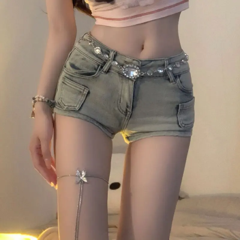 Quần Short Denim Nữ Cạp Thấp Retro, Cô Gái Nóng Bỏng Mỹ, Quần Ống Rộng Ôm Sát Béo Mới, Mùa Xuân Và Mùa Hè
