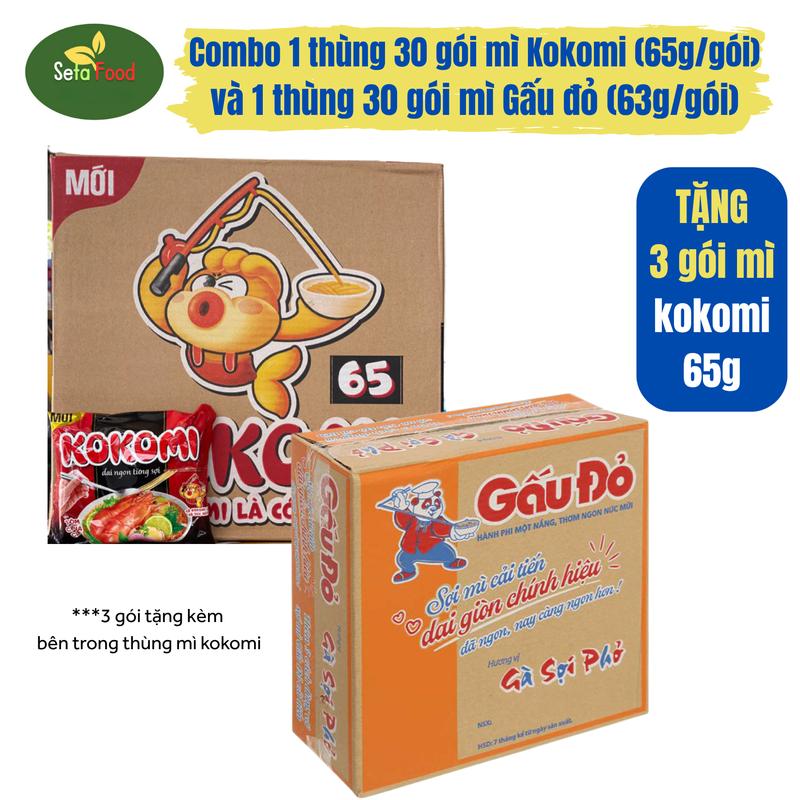   TẶNG 3 GÓI MÌ KOKOMI 65G  Combo 1 Thùng Mì Gấu Đỏ 30 Gói và 1 Thùng Mì Kokomi 30 Gói Vị Tôm Chua Cay Miến Vị Chua mì  gói 