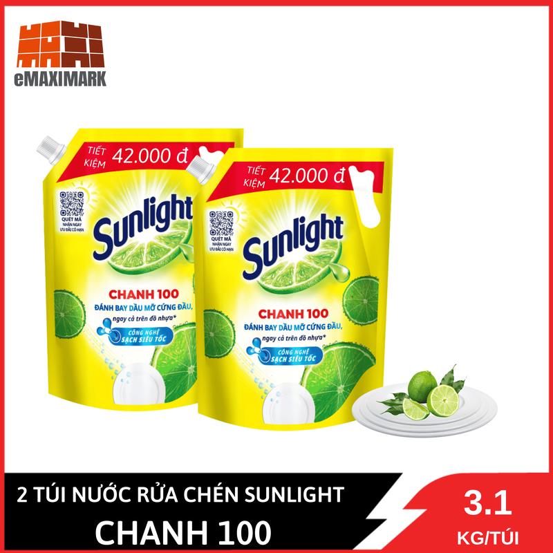   HÀNG MỚI  Combo 2 Túi Khổng Lồ Nước rửa chén Sunlight Chanh 100 Túi 3.1Kg x2 